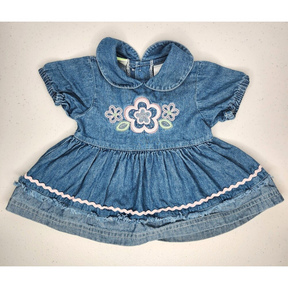 VTG Sesame Street 100% Cotton Denim Girls Dress w/ Embroidered Flowers, 0/3 Mths